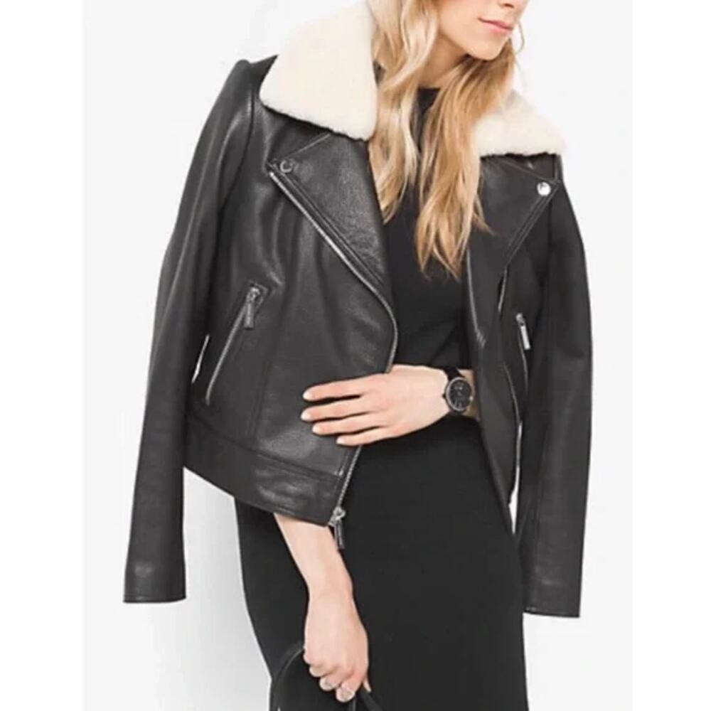 Michael Kors Leather Moto Jacket With A Detachable Shearling Collar Black Large